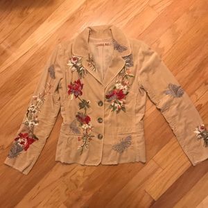 Johnny Was velvet embroidered blazer with raw stitching and hem